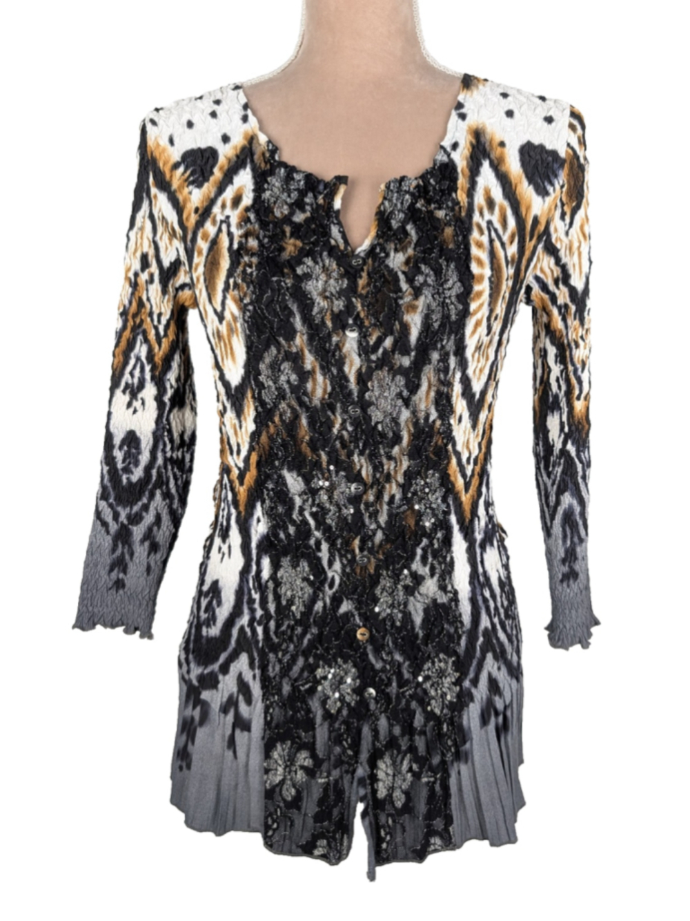 Alberto Makali Crinkle Blouse Top Ikat Animal Print Lace Sz L Retro Art